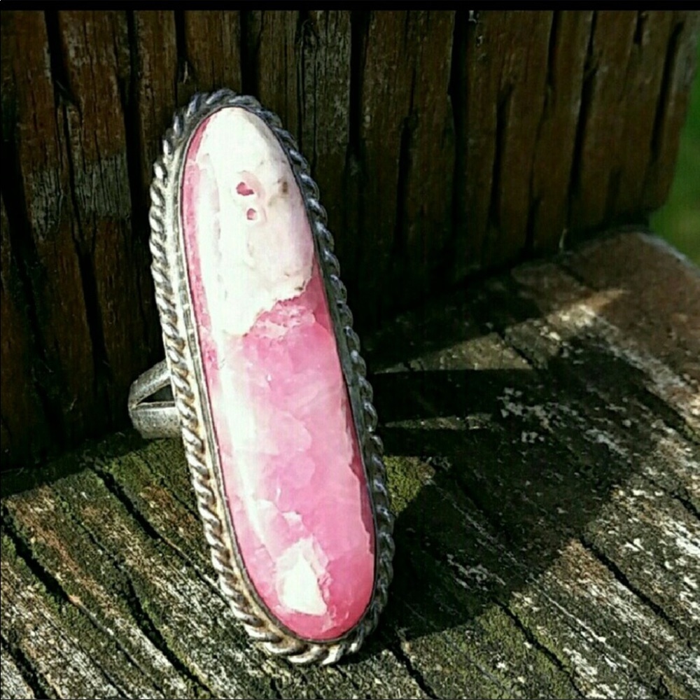 Vintage sterling silver rhodochrosite pink ring - Picture 1 of 6